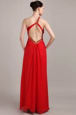 Pretty Rhinestone Cross Back Red Chiffon Prom Dress With Split