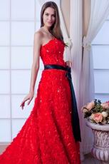 Top Design Scarlet Strapless Black Bow Military Prom Dress Cathedral Train