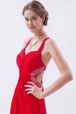 Exquisite Straps Front Split Skirt Scarlet Chiffon Prom Dress On Sale