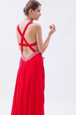 Exquisite Straps Front Split Skirt Scarlet Chiffon Prom Dress On Sale