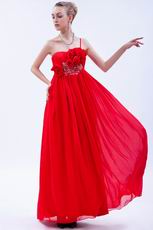 One Shoulder Rosette Decorate Scarlet Chiffon Prom Dress