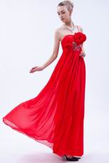 One Shoulder Rosette Decorate Scarlet Chiffon Prom Dress