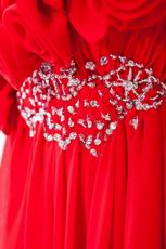 One Shoulder Rosette Decorate Scarlet Chiffon Prom Dress