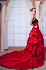 Strapless Lace Bodice Cathedral Train Dark Red Prom Ball Gown