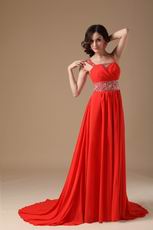 Spaghetti Straps Beading Emberllish Orange Red Prom Dress