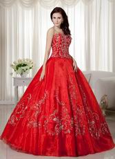 Scarlet Organza Skirt Princess Ball Gown With Embroidery