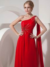 One Shoulder Watteau Dark Red Chiffon Celebrity Prom Dress