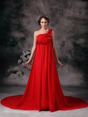 One Shoulder Dark Red Prom Dress With Hand Made Flowers
