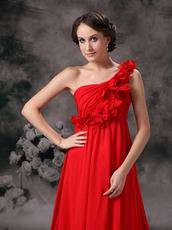 One Shoulder Dark Red Prom Dress With Hand Made Flowers