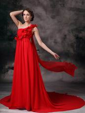 One Shoulder Dark Red Prom Dress With Hand Made Flowers