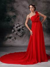 One Shoulder Dark Red Prom Dress With Hand Made Flowers