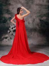 One Shoulder Dark Red Prom Dress With Hand Made Flowers