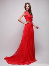 High Low Neckline Red Chiffon Night Party Dress For Girl