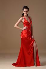 Sexy Halter Side Split Skirt Floor Length Scarlet Prom Dress