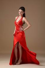 Sexy Halter Side Split Skirt Floor Length Scarlet Prom Dress