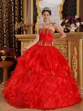 Scarlet Quinceanera Dress Customized With Gold Applique