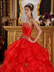 Scarlet Quinceanera Dress Customized With Gold Applique