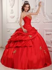 Red Evening Ball Gown With Golden Applique Decorate