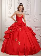 Red Evening Ball Gown With Golden Applique Decorate