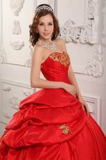 Red Evening Ball Gown With Golden Applique Decorate