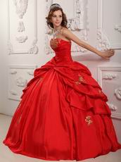 Red Evening Ball Gown With Golden Applique Decorate