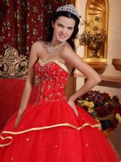 Red Sweetheart Quinceanera Dress Layers Skirt With Gold Bordure