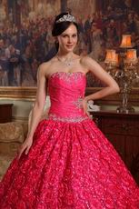 Rolled Fabric Flowers Deep Pink Girls Wear Quinceanera Dress