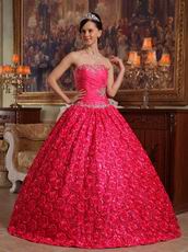 Rolled Fabric Flowers Deep Pink Girls Wear Quinceanera Dress