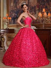 Rolled Fabric Flowers Deep Pink Girls Wear Quinceanera Dress