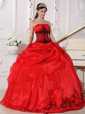 Scarlet Sweetheart Quinceanera Dress With Black Embroidery