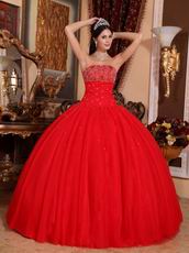 Sleeveless Beaded Scarlet Red Tulle Quinceanera Dress