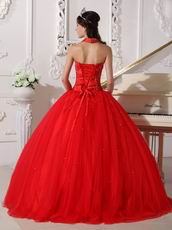 Halter Floor Length Quinceanera Dress In Dark Red