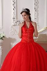 Halter Floor Length Quinceanera Dress In Dark Red