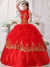 Halter Scarlet Red Quinceanera Dress With Golden Applique