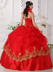 Halter Scarlet Red Quinceanera Dress With Golden Applique