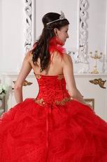 Halter Scarlet Red Quinceanera Dress With Golden Applique