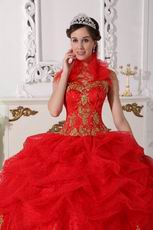 Halter Scarlet Red Quinceanera Dress With Golden Applique