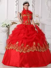 Halter Scarlet Red Quinceanera Dress With Golden Applique