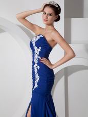 Spring Wear Royal Blue Appliqued Prom Dress With High Leg Side Split