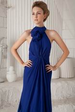 Halter Watteau Royal Blue Chiffon Customized Tailoring Prom Dress