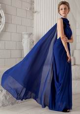 Halter Watteau Royal Blue Chiffon Customized Tailoring Prom Dress