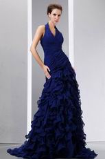 Hot Sell Halter Ruffles Skirt Sapphire Blue Prom Celebrity Dress