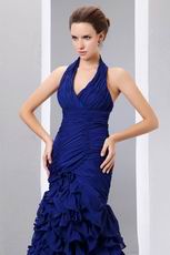 Hot Sell Halter Ruffles Skirt Sapphire Blue Prom Celebrity Dress