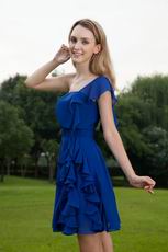 One Shoulder Knee Length Royal Blue Chiffon Bridesmaid Dress