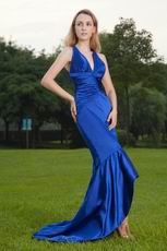 Cobalt Blue Cross Back Mermaid Prom Dress With High Low Skirt
