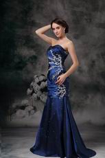 Navy Blue Lace Up Side Applique Mermaid Evening Dress