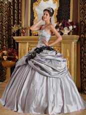 Black Handmade Flowers Quinceanera Dress Silver Gray Taffeta