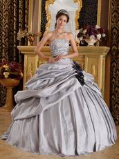 Black Handmade Flowers Quinceanera Dress Silver Gray Taffeta