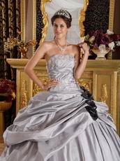 Black Handmade Flowers Quinceanera Dress Silver Gray Taffeta