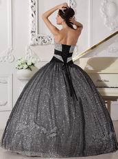 Silver Black Sequined Fabric Prom Quinceanera Dance Dress